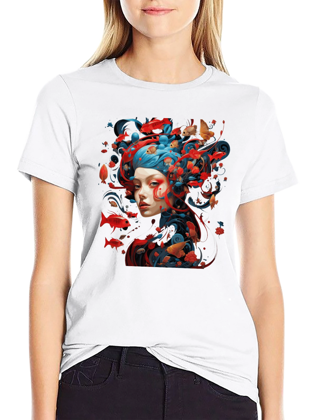 Artistic Fish Design Black T-Shirt