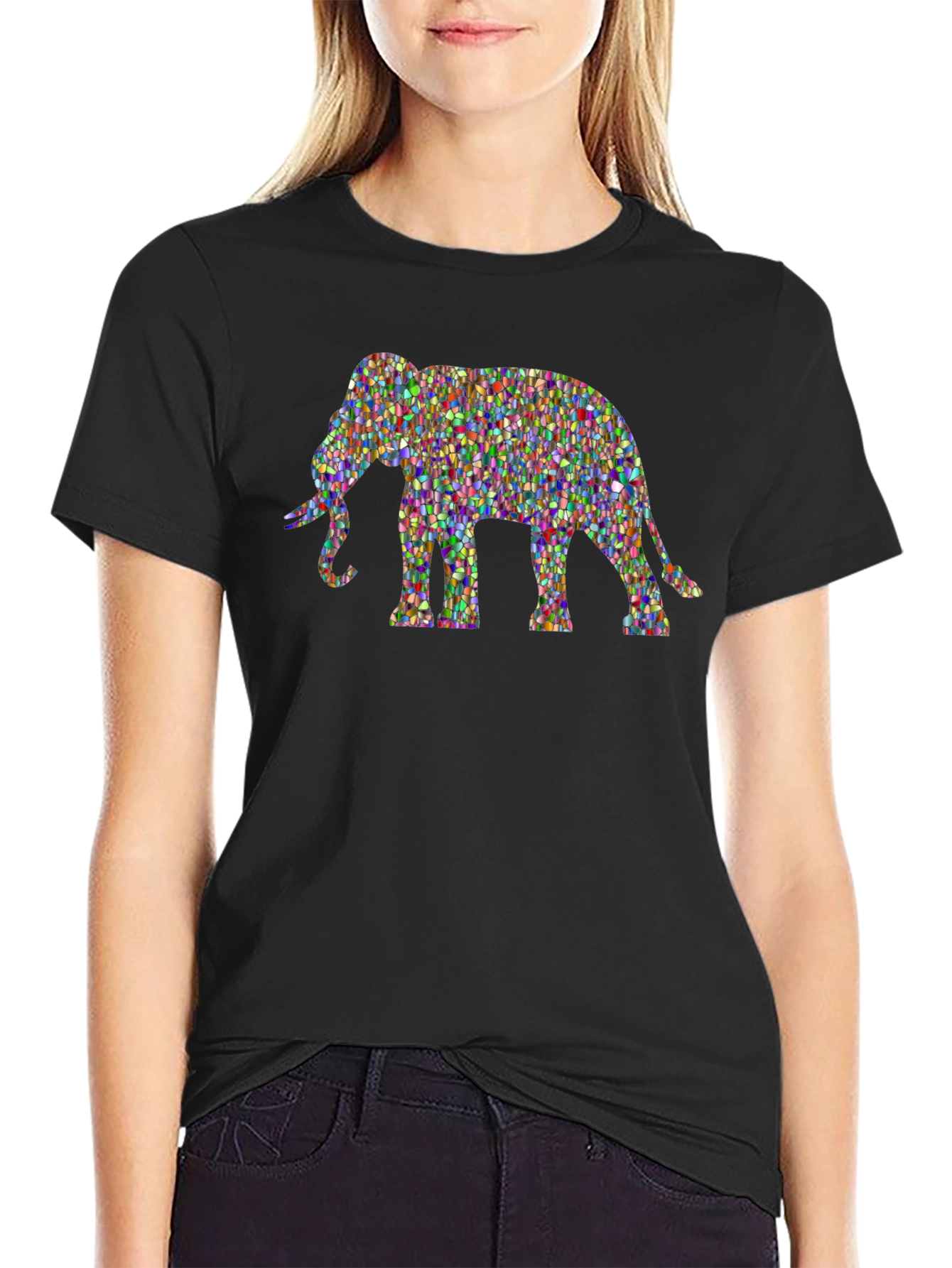 Colorful Elephant Graphic Tee - Black Cotton T-Shirt