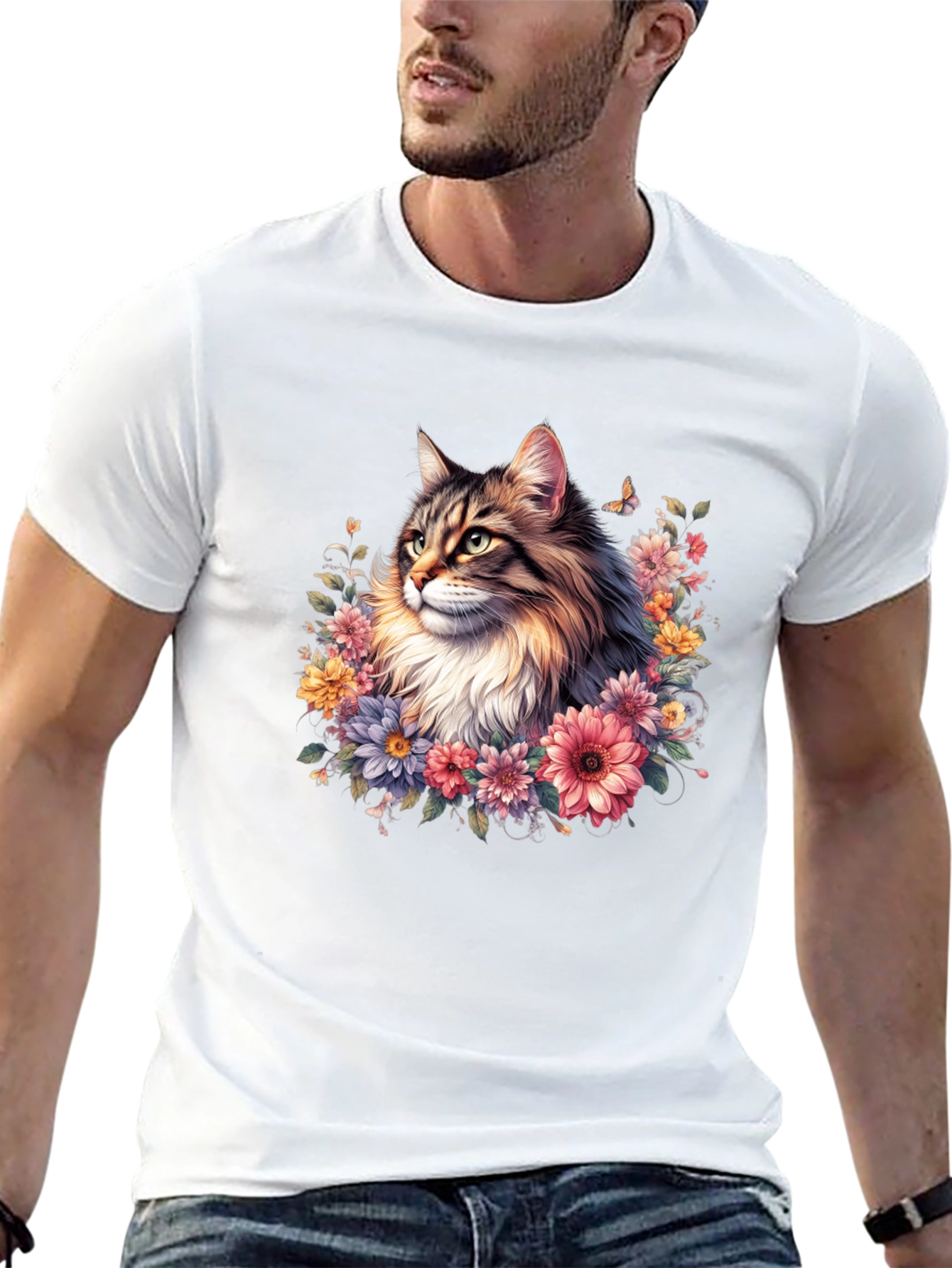 Floral Cat Graphic T-Shirt - Premium Unisex Tee