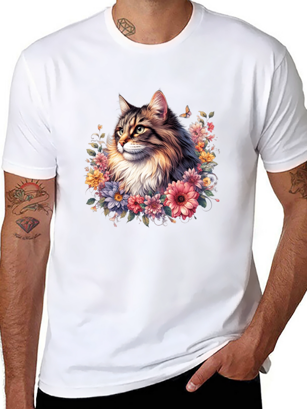 Floral Cat Graphic T-Shirt - Premium Unisex Tee