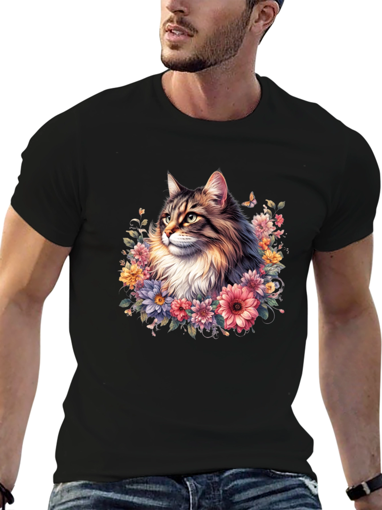 Floral Cat Graphic T-Shirt - Premium Unisex Tee