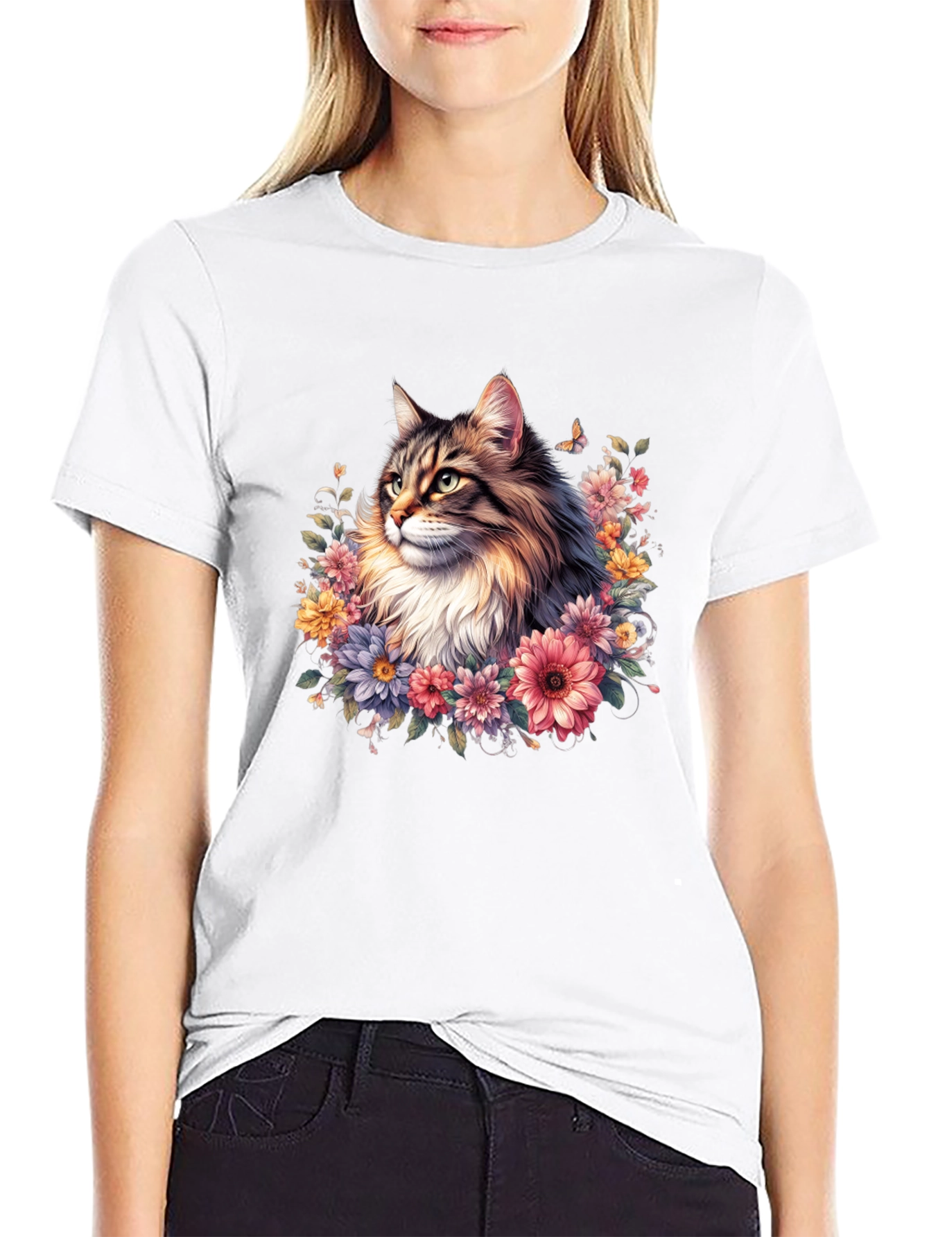 Floral Cat Graphic T-Shirt - Premium Unisex Tee