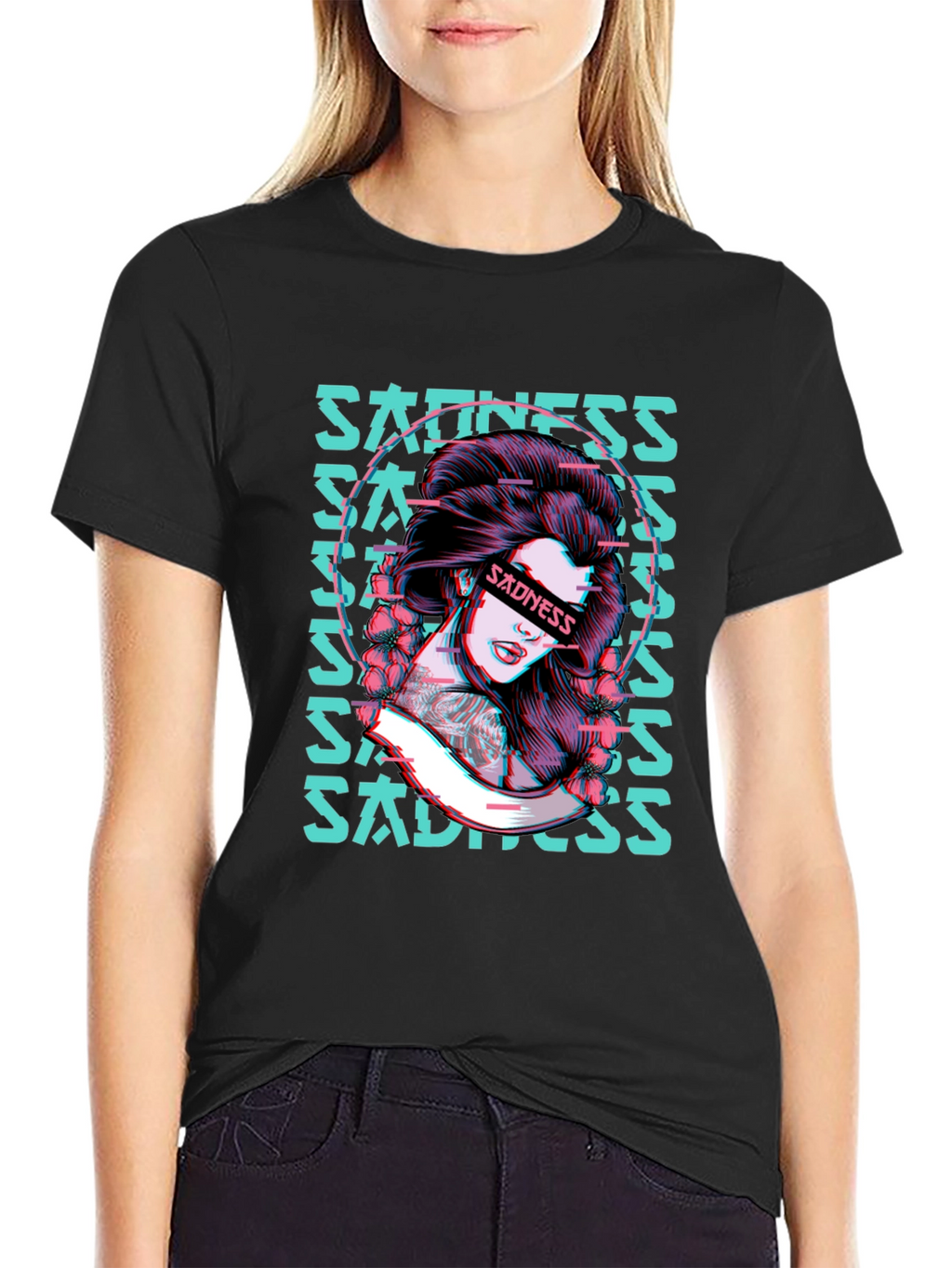 Sadness Woman Graphic Black T-Shirt