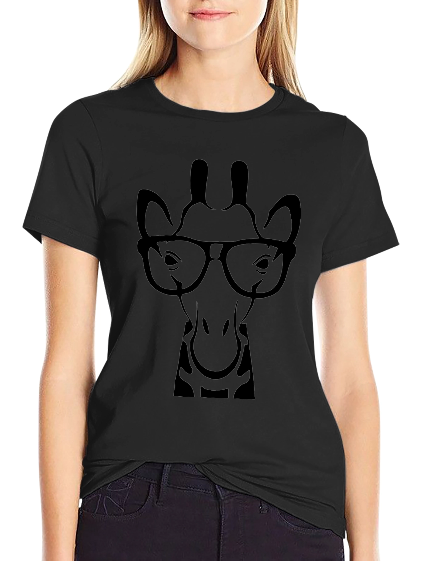 Giraffe with Glasses Black Graphic Tee