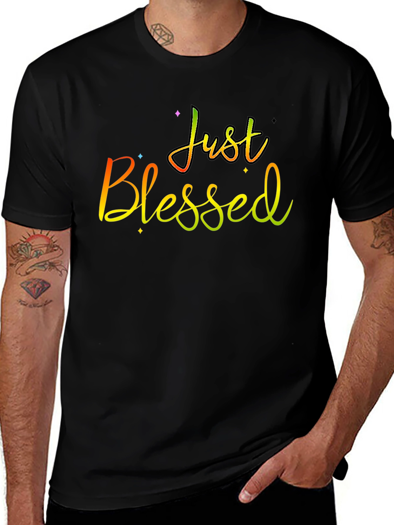 Just Blessed Rainbow Text Black T-Shirt