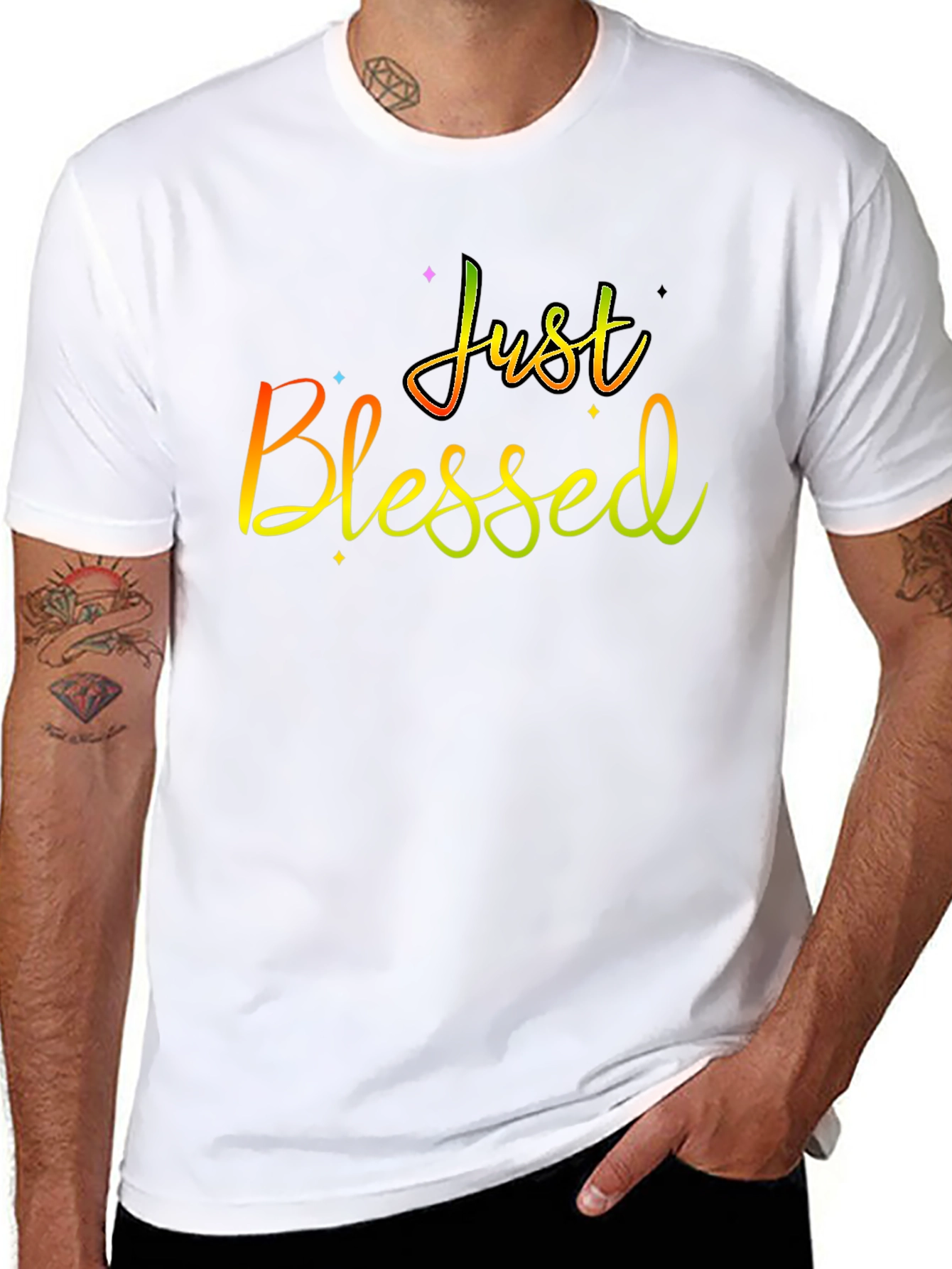 Just Blessed Rainbow Text Black T-Shirt