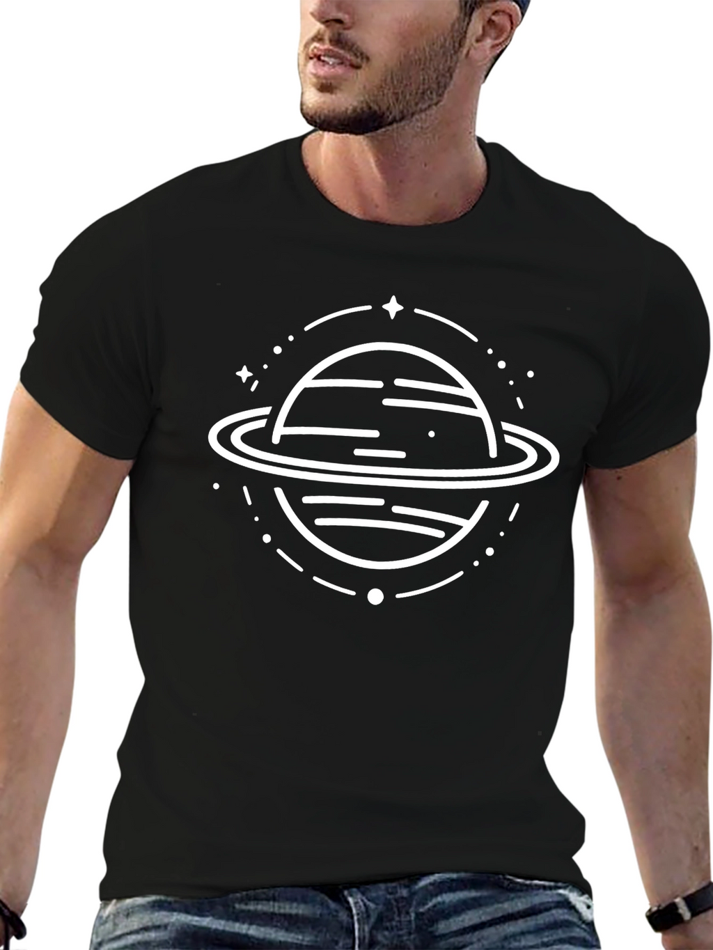 Mens Black T-Shirt with Planet Graphic