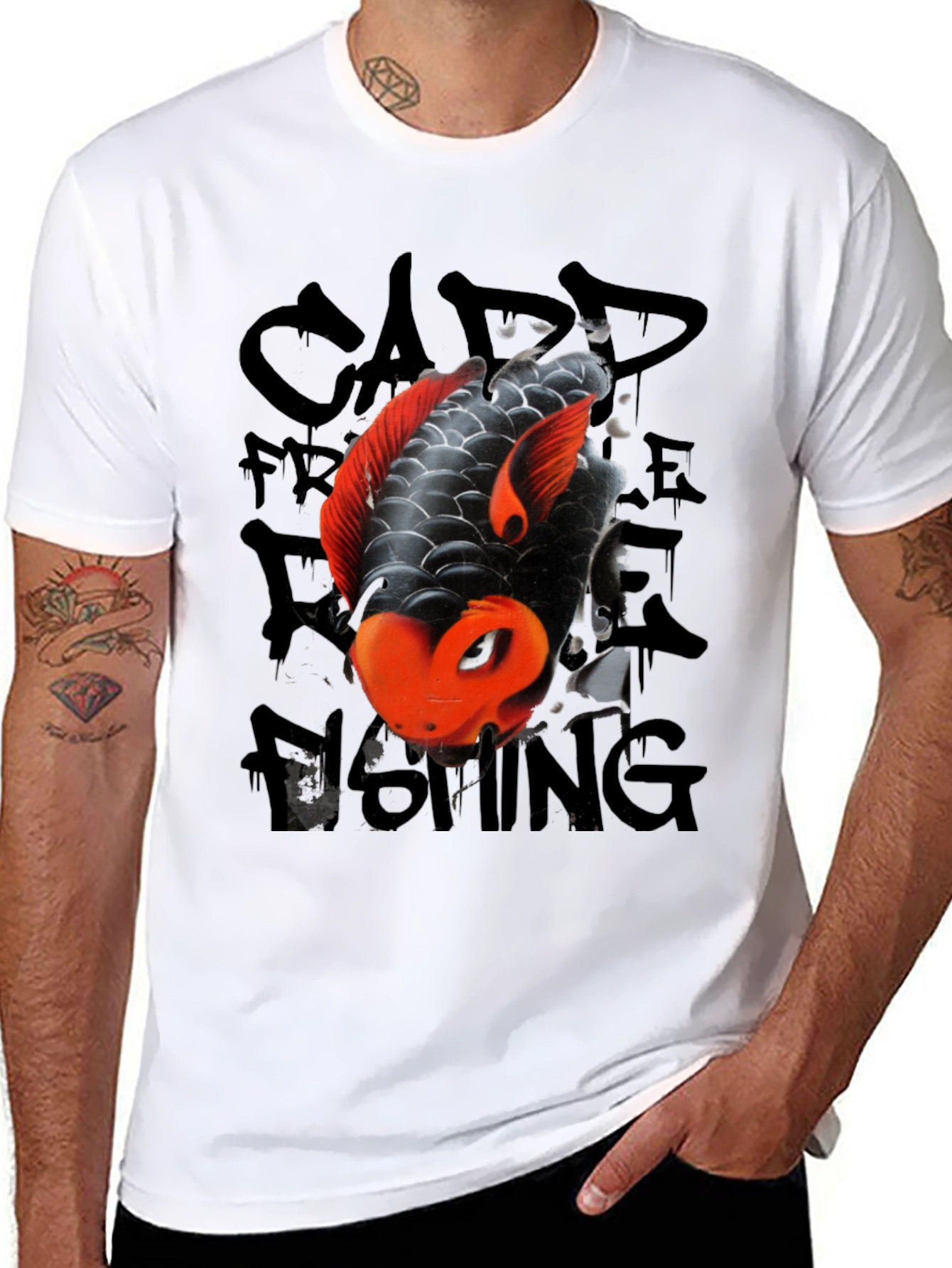 Koi Fish Graphic Tee - Black Cotton Blend Casual T-Shirt