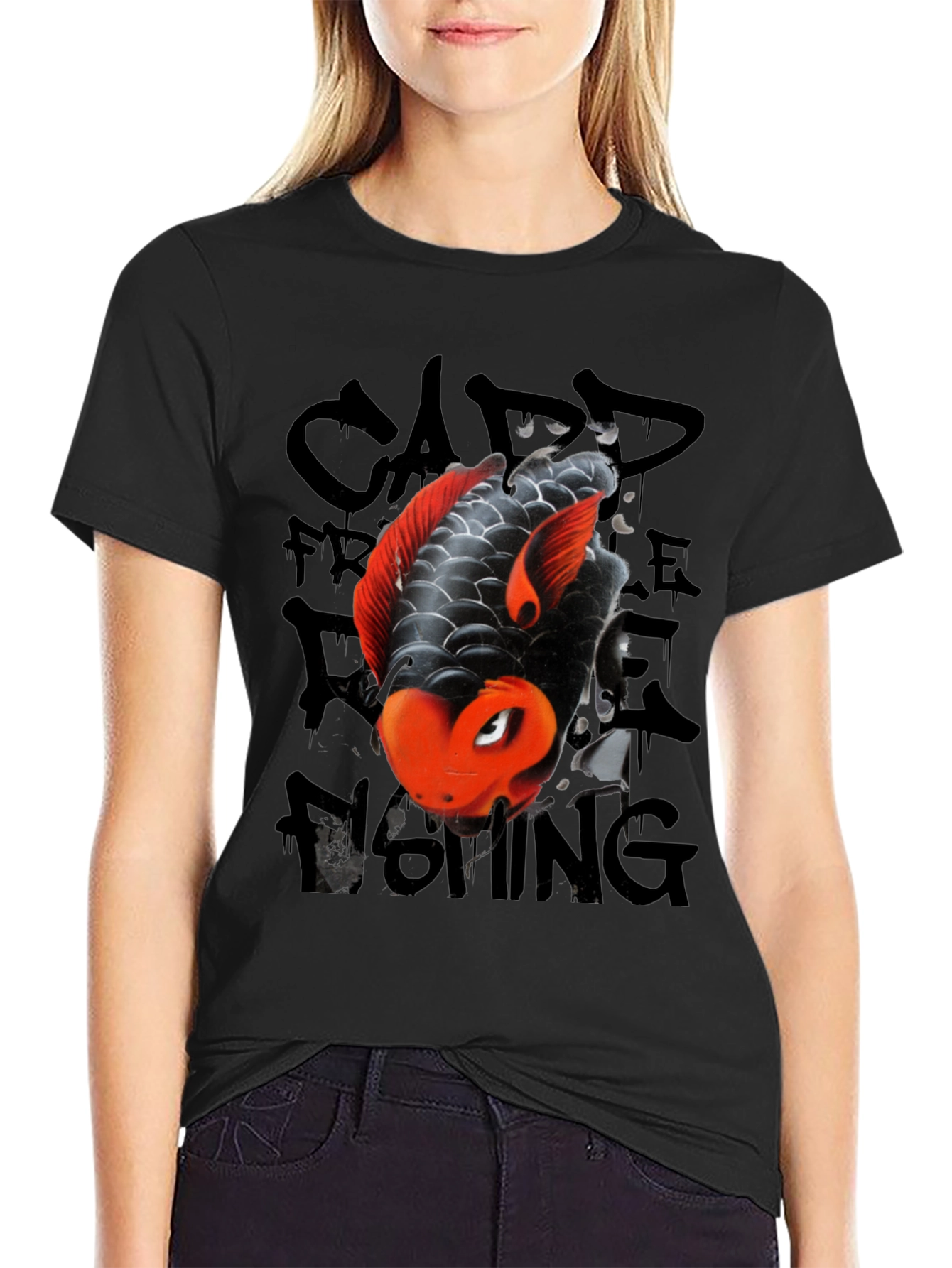 Koi Fish Graphic Tee - Black Cotton Blend Casual T-Shirt