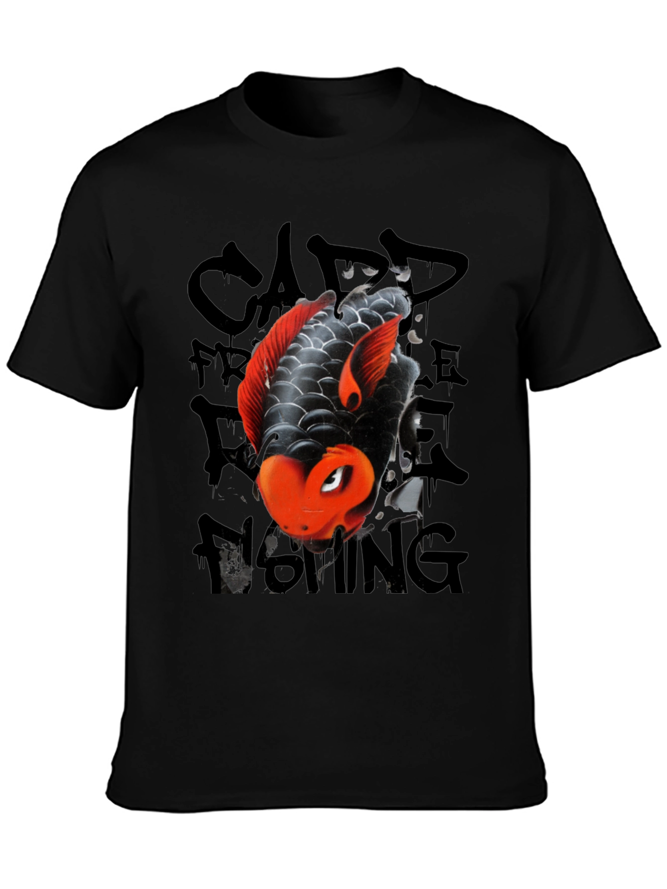 Koi Fish Graphic Tee - Black Cotton Blend Casual T-Shirt