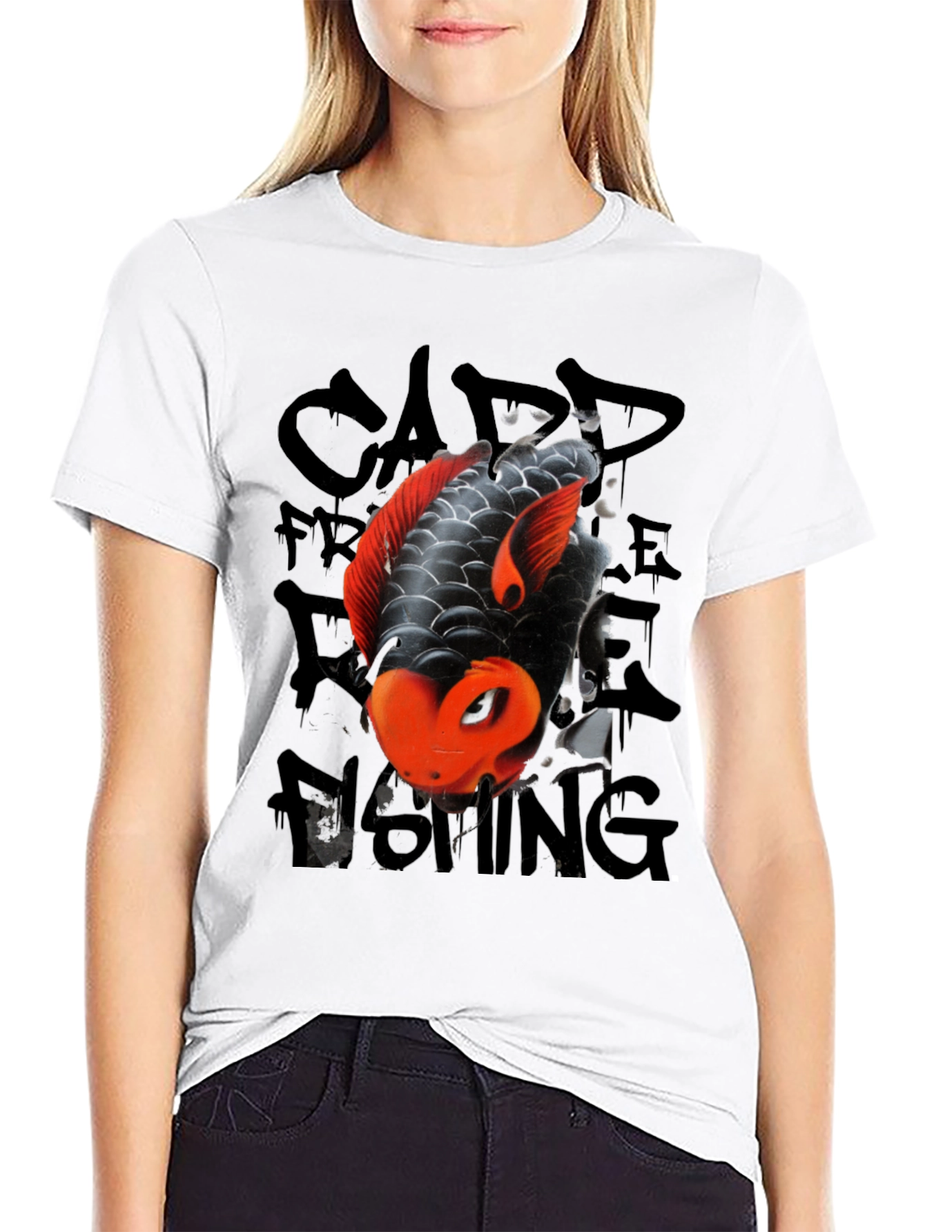 Koi Fish Graphic Tee - Black Cotton Blend Casual T-Shirt