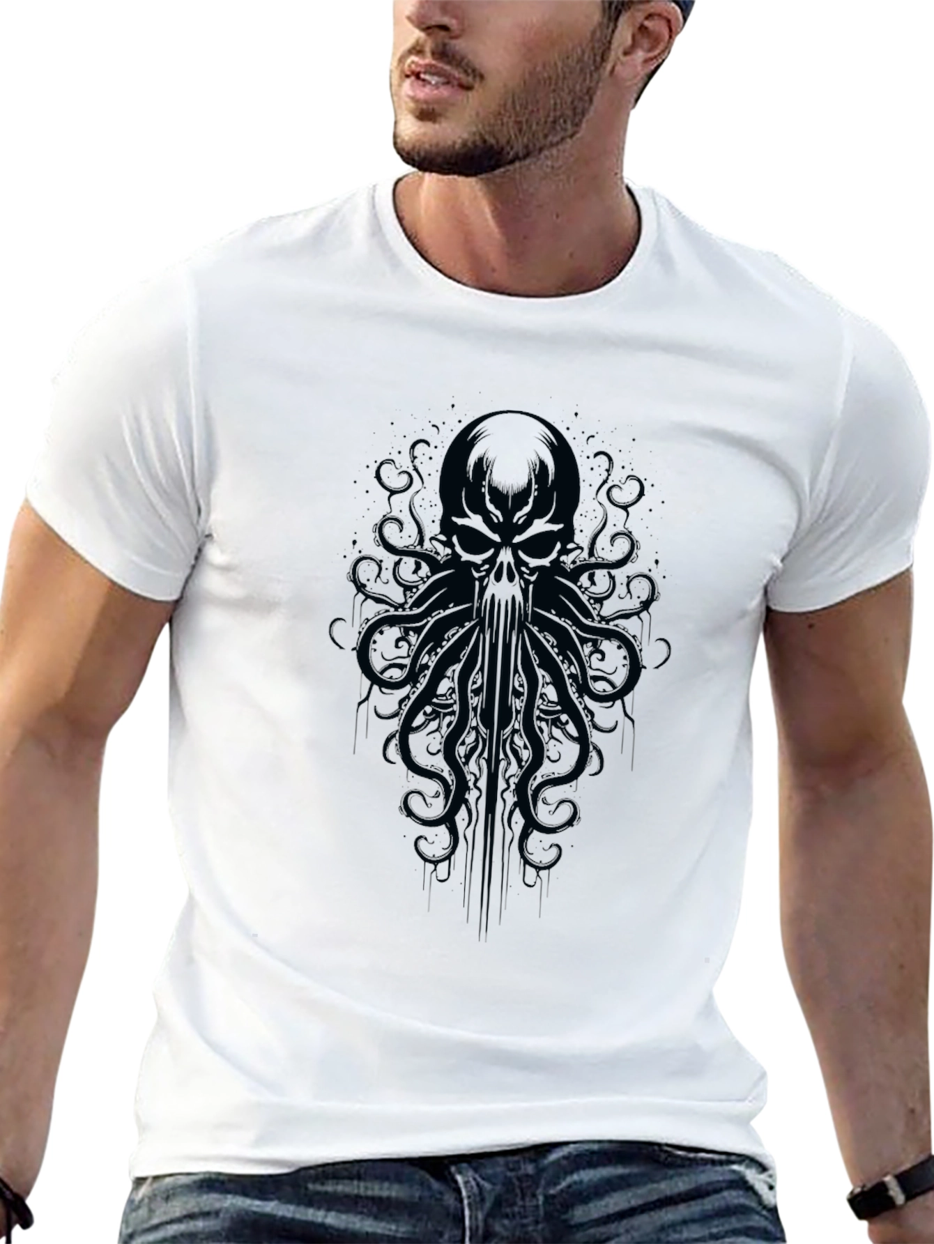 Mens Black Skull Octopus Graphic T-Shirt