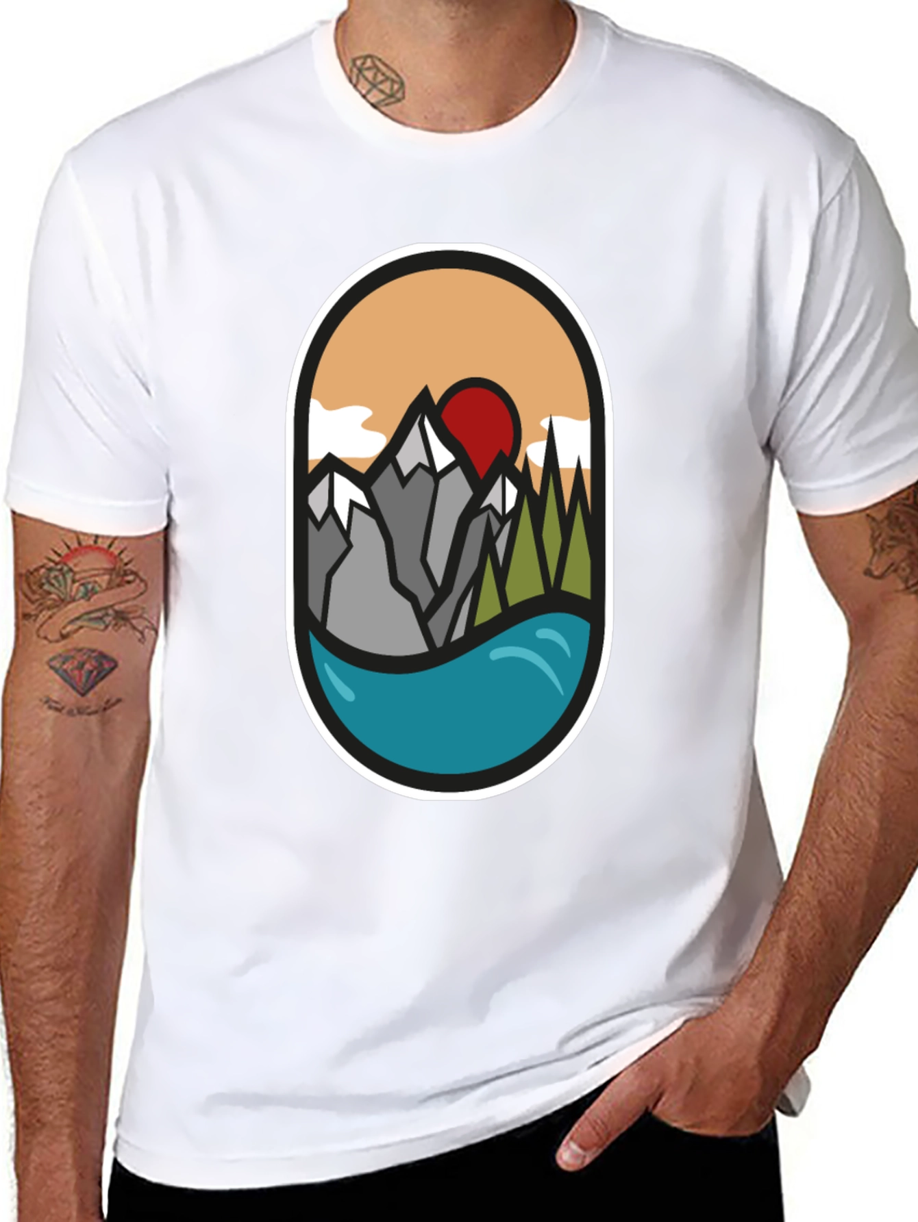 Nature Graphic Tee: Mountains Lake Sunrise Design