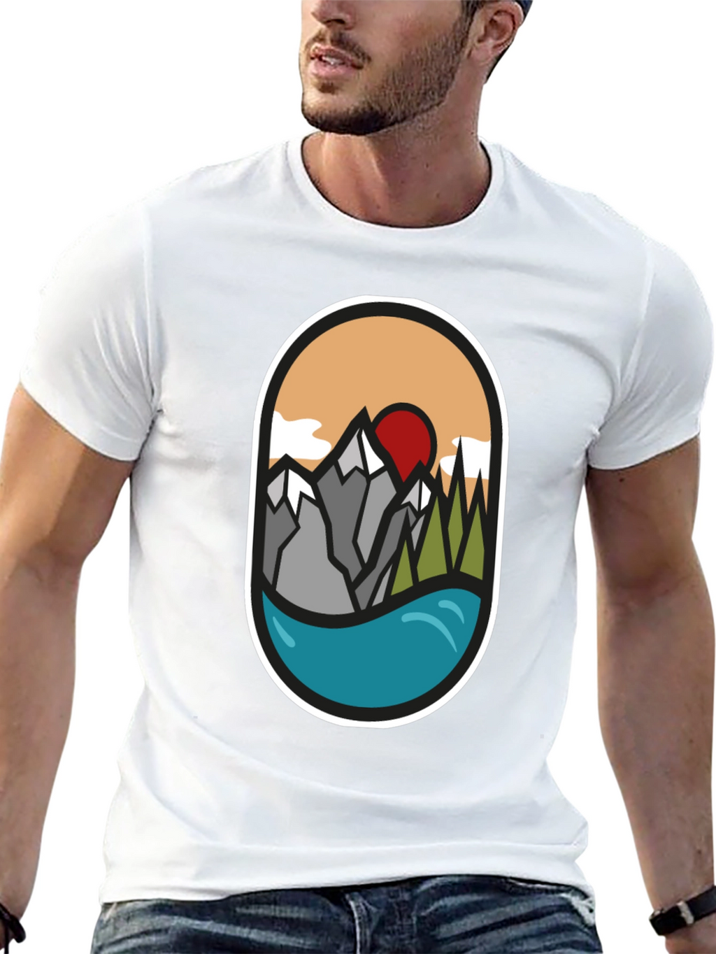 Nature Graphic Tee: Mountains Lake Sunrise Design