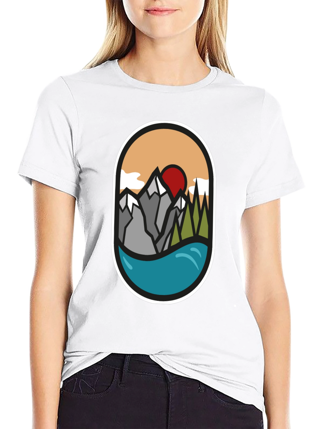Nature Graphic Tee: Mountains Lake Sunrise Design