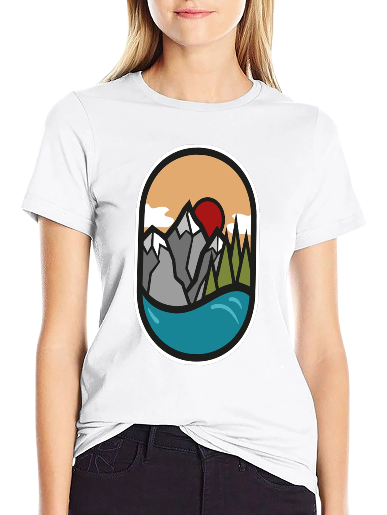 Nature Graphic Tee: Mountains Lake Sunrise Design