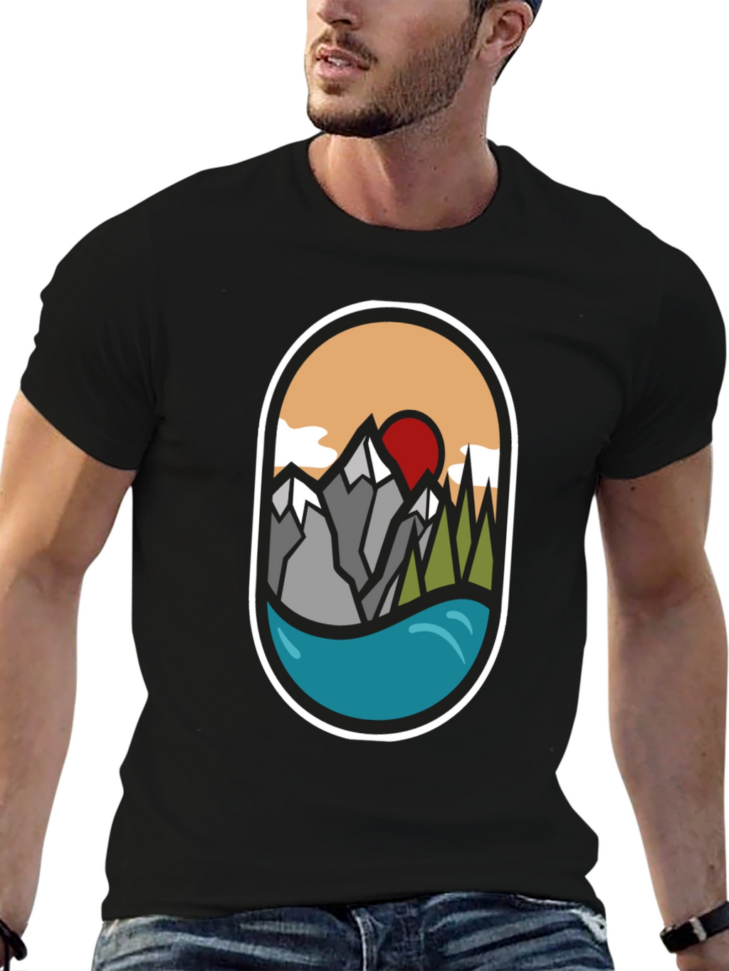Nature Graphic Tee: Mountains Lake Sunrise Design