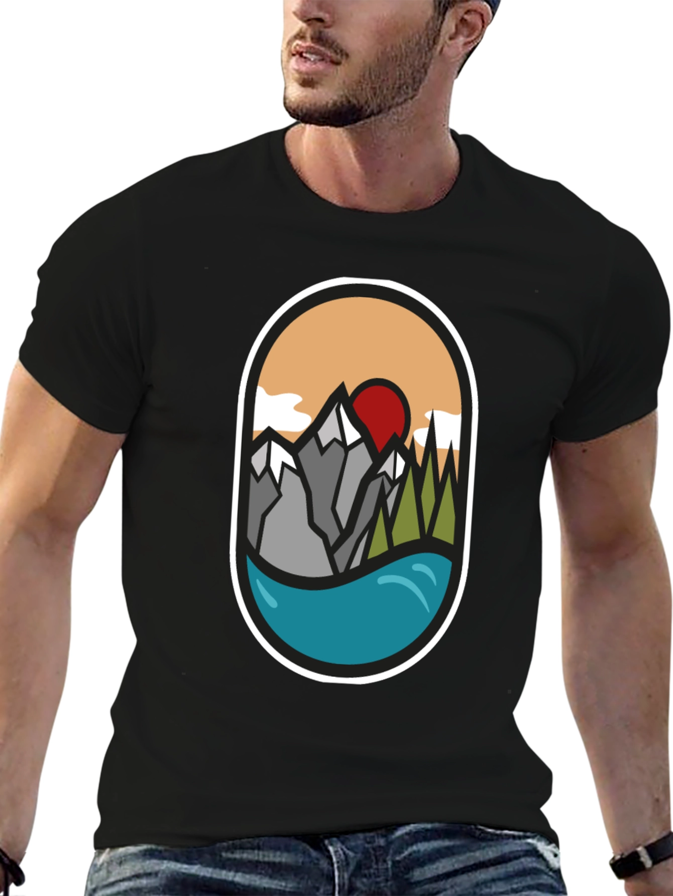 Nature Graphic Tee: Mountains Lake Sunrise Design