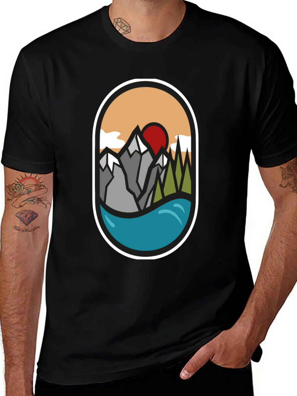 Nature Graphic Tee: Mountains Lake Sunrise Design