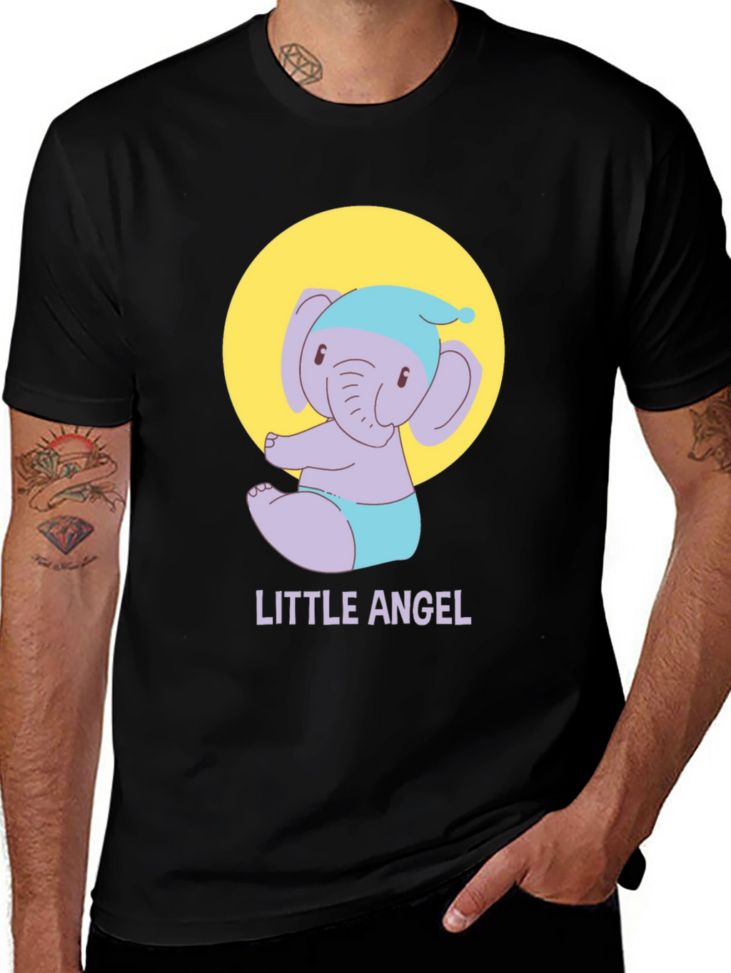 Cute Little Angel Elephant Graphic Tee - Black