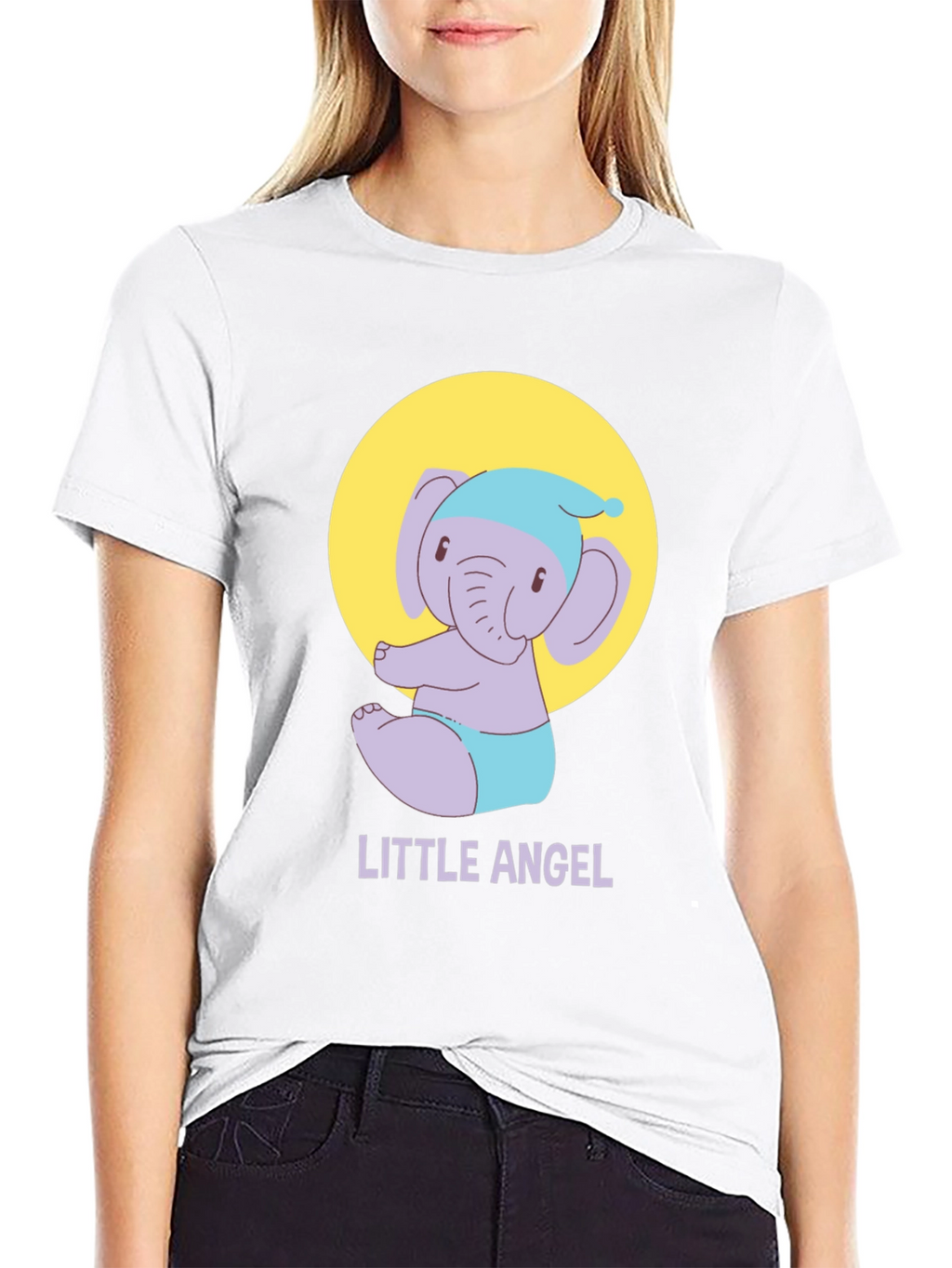 Cute Little Angel Elephant Graphic Tee - Black
