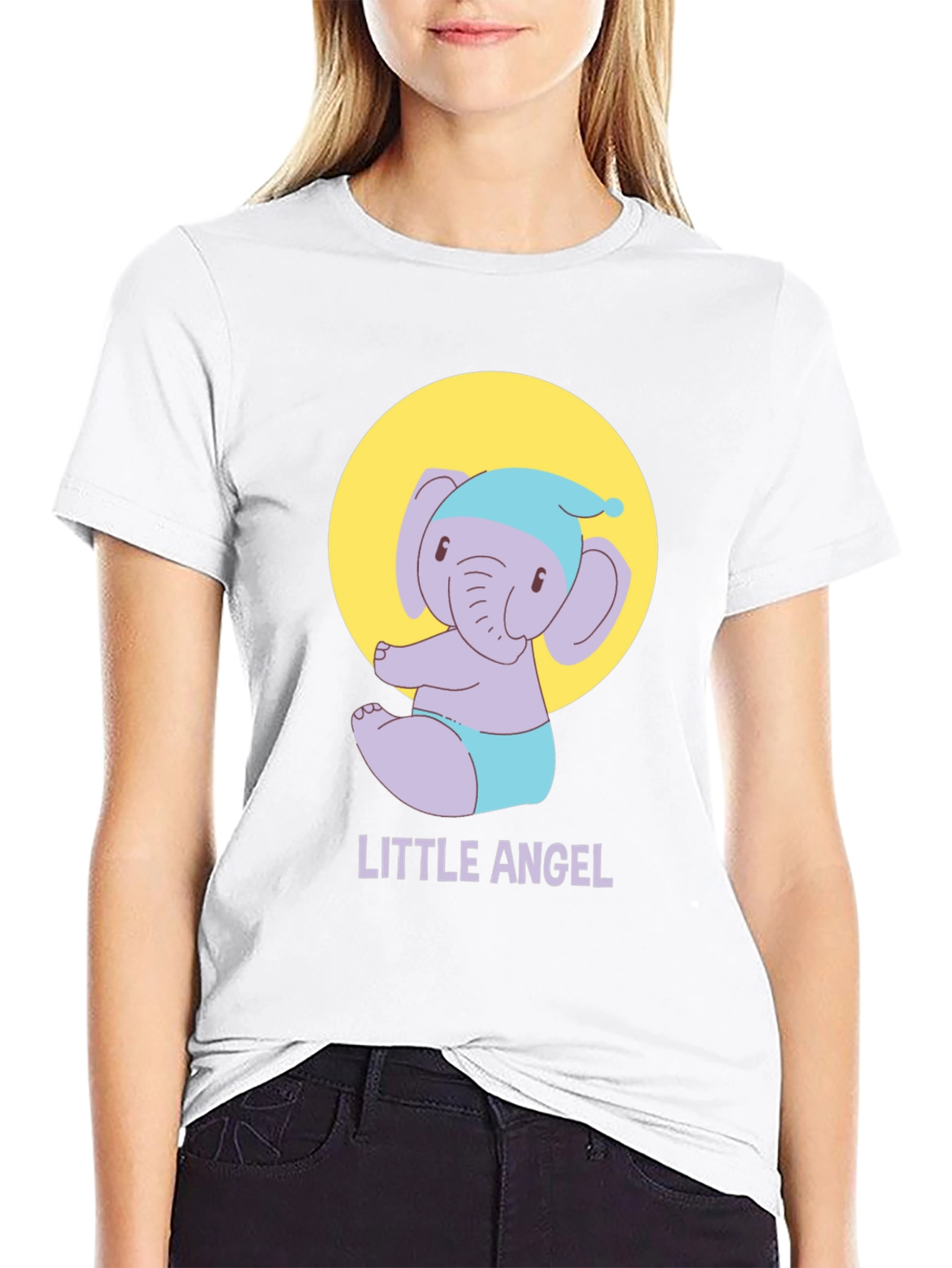Cute Little Angel Elephant Graphic Tee - Black