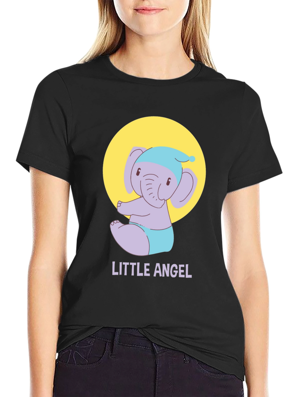 Cute Little Angel Elephant Graphic Tee - Black
