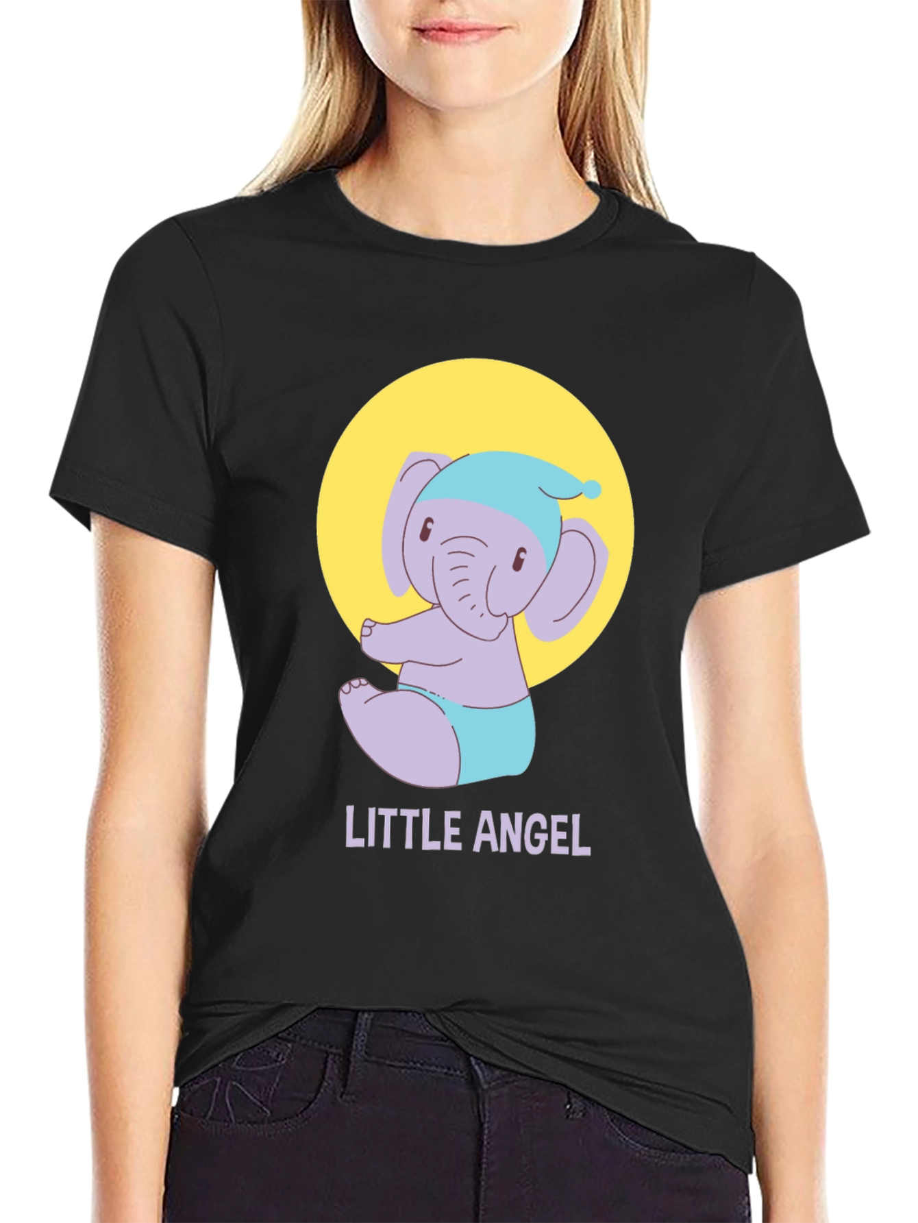 Cute Little Angel Elephant Graphic Tee - Black