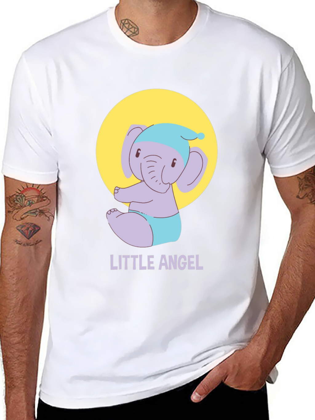 Cute Little Angel Elephant Graphic Tee - Black