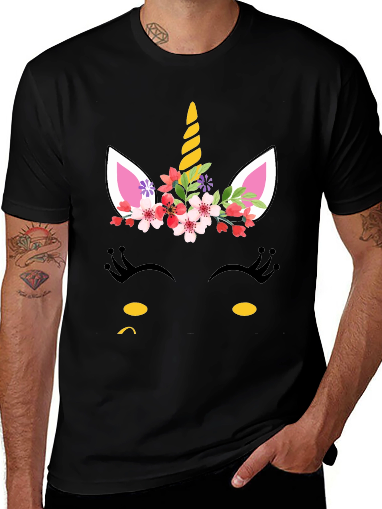 Unicorn Face Graphic Tee - Black Cotton Blend