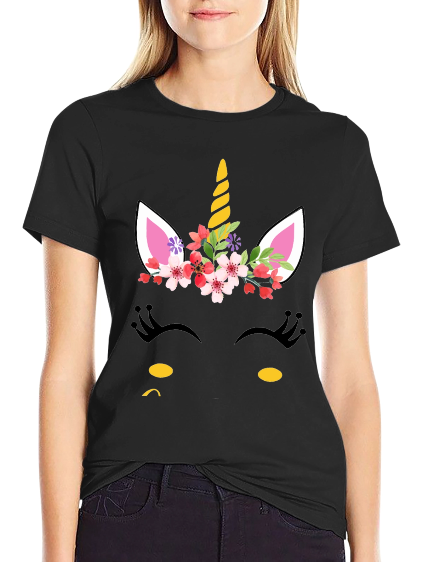 Unicorn Face Graphic Tee - Black Cotton Blend