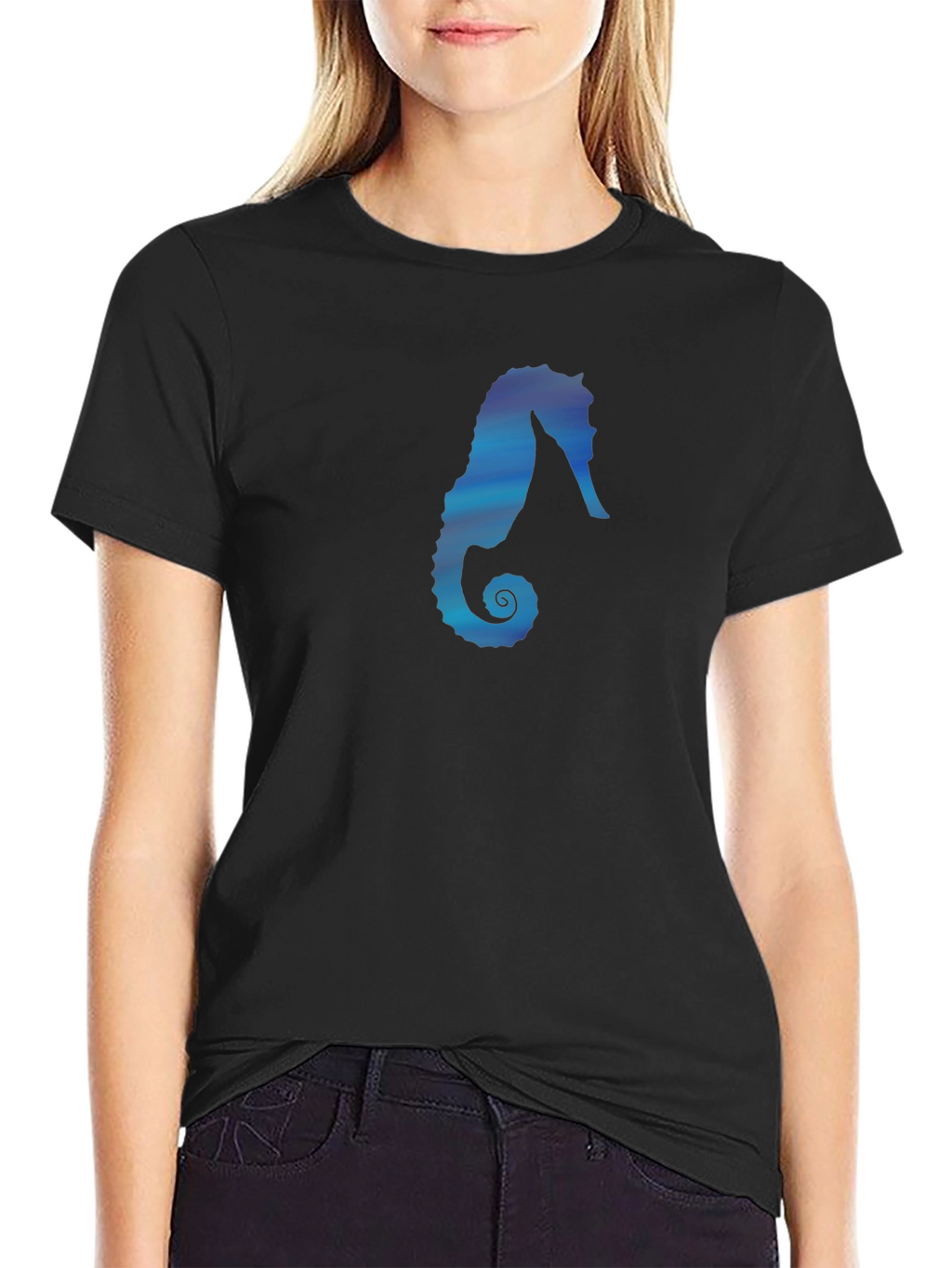 Seahorse Graphic Tee - Black Cotton Casual Top