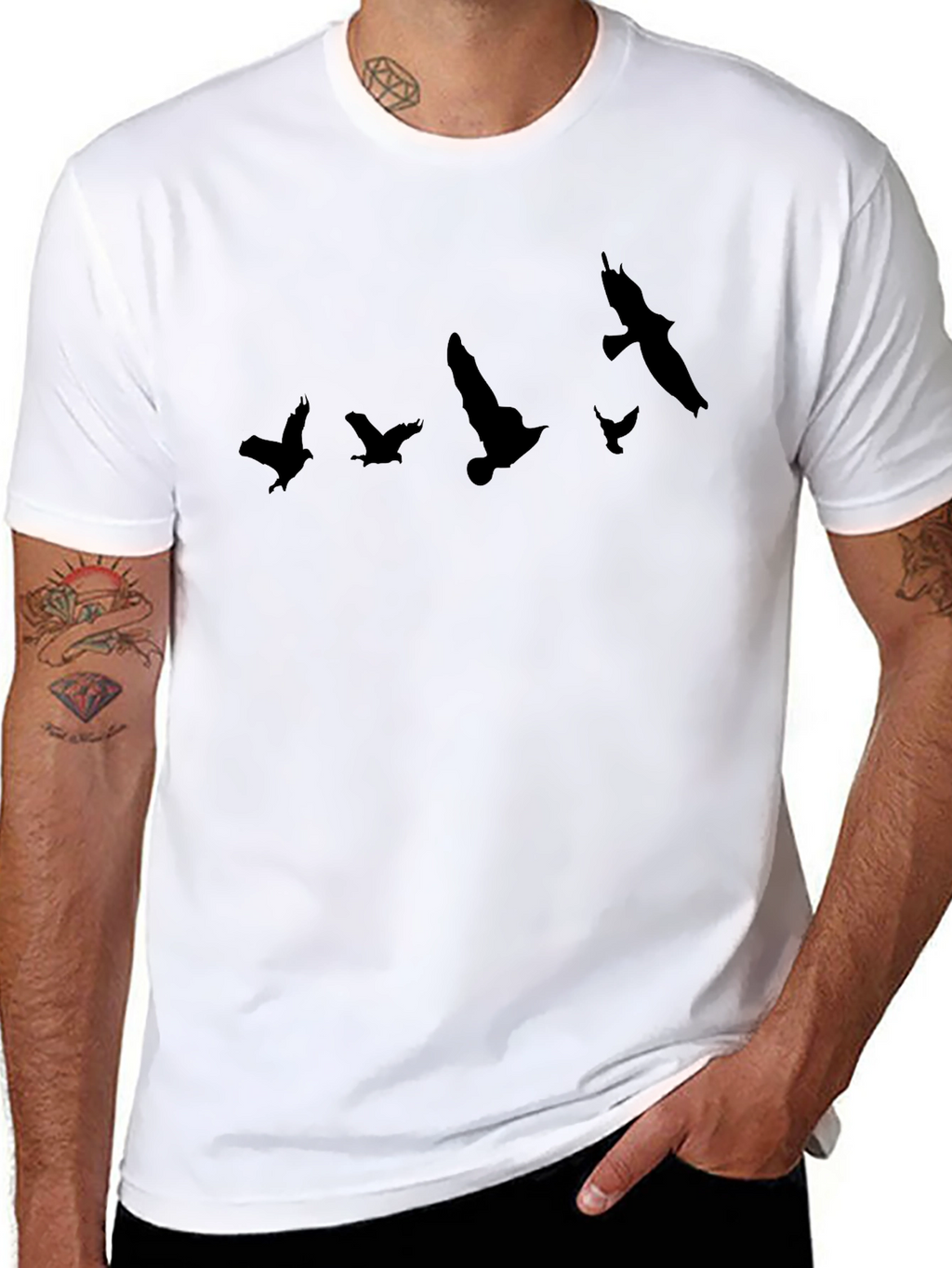Mens Black T-Shirt with Flying Birds Design