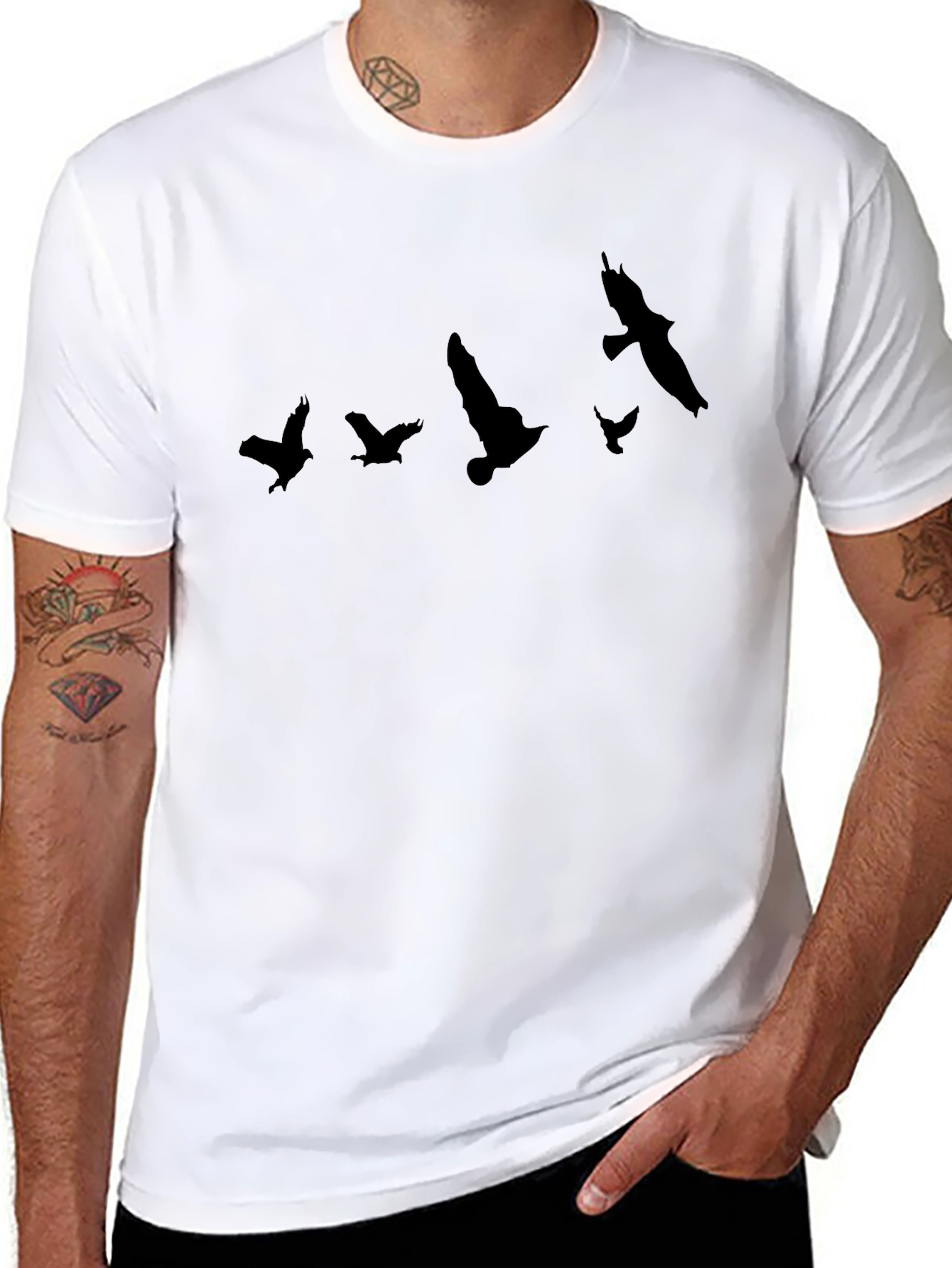 Mens Black T-Shirt with Flying Birds Design