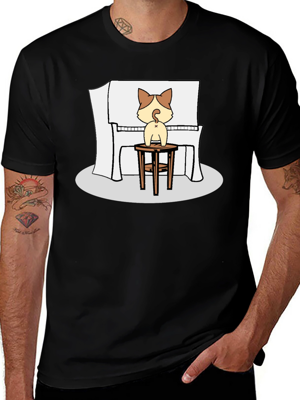 Cat Piano Player Black T-Shirt