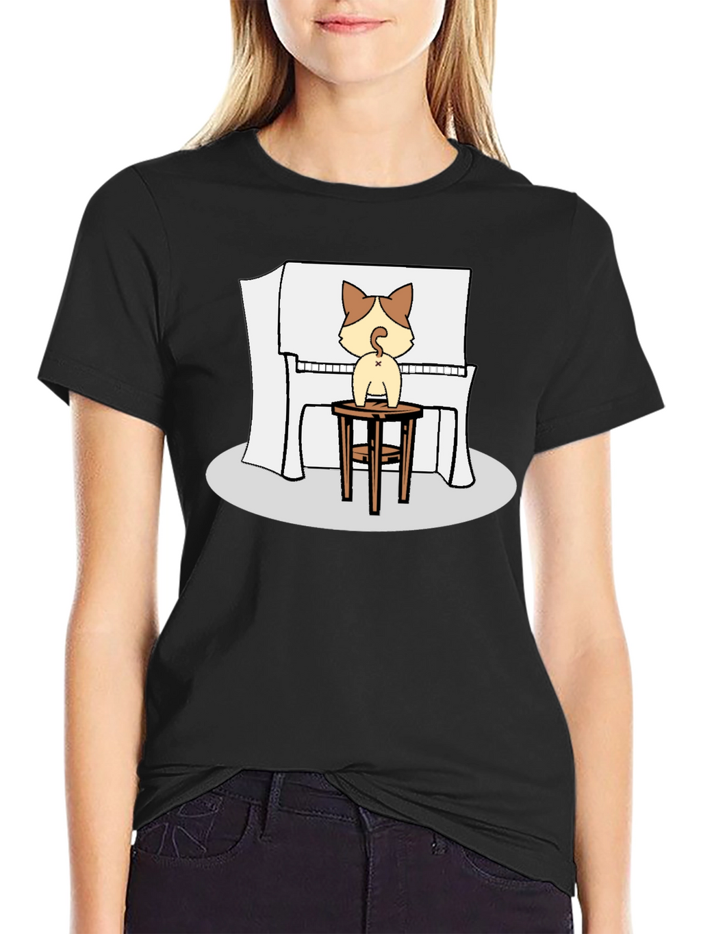 Cat Piano Player Black T-Shirt