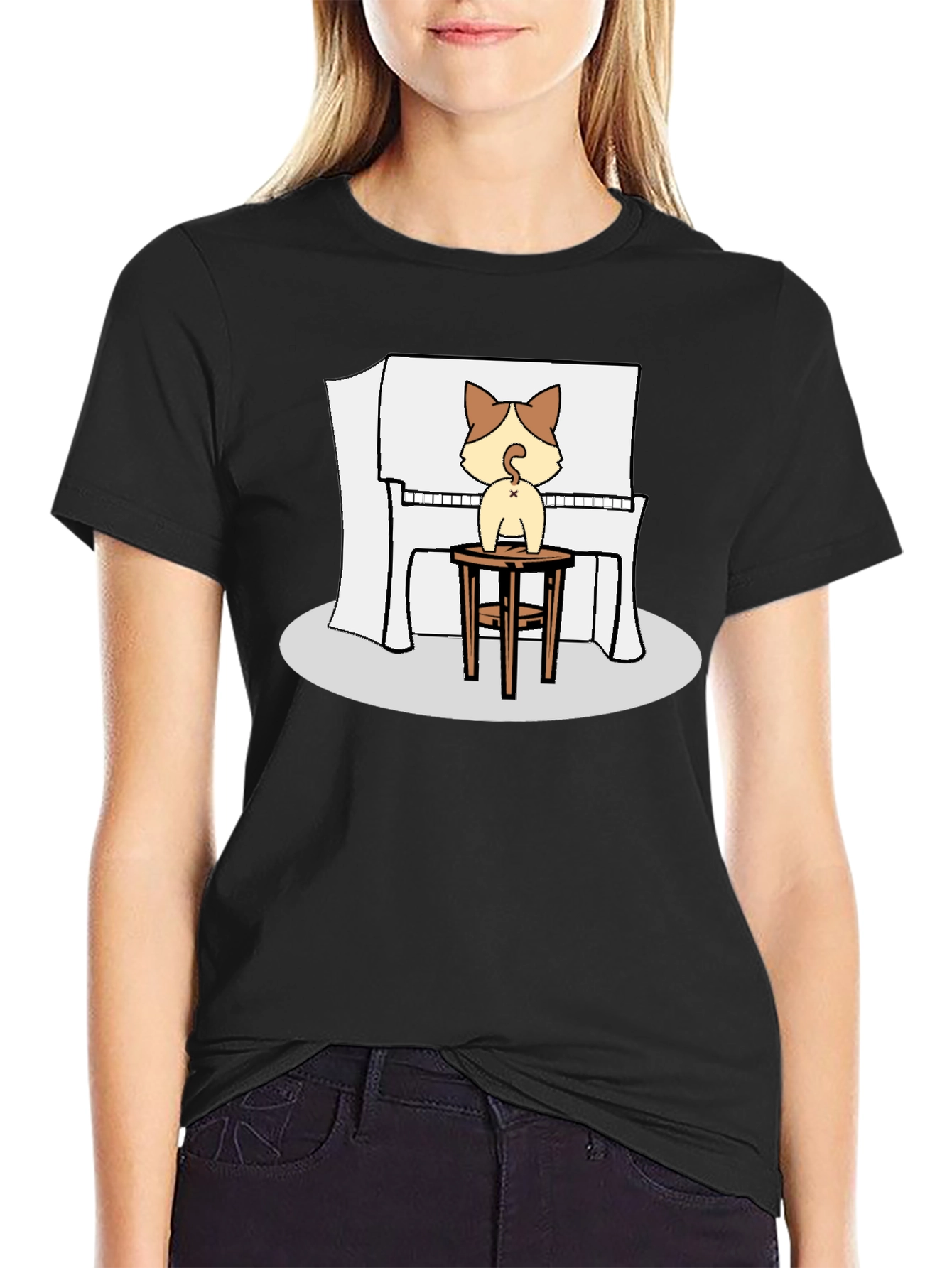 Cat Piano Player Black T-Shirt