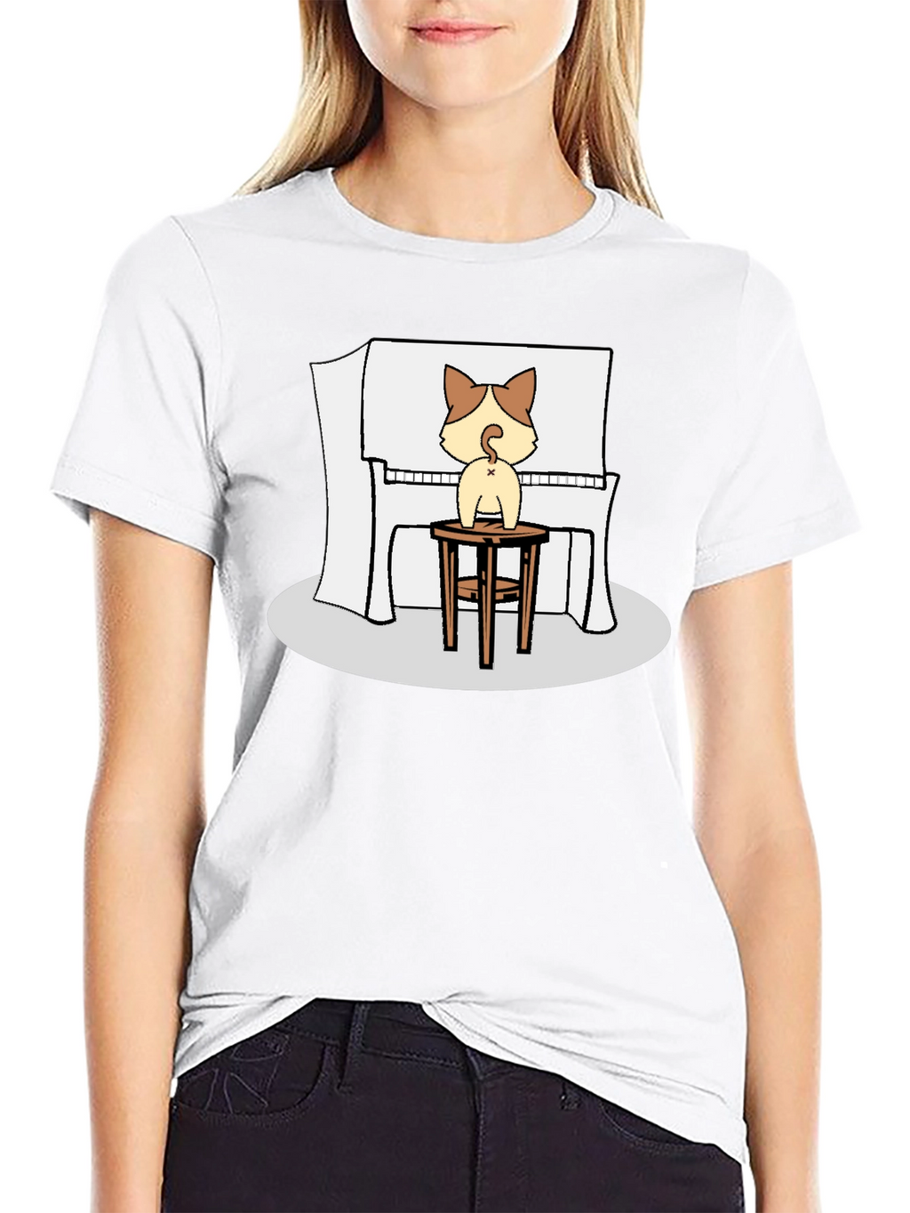 Cat Piano Player Black T-Shirt