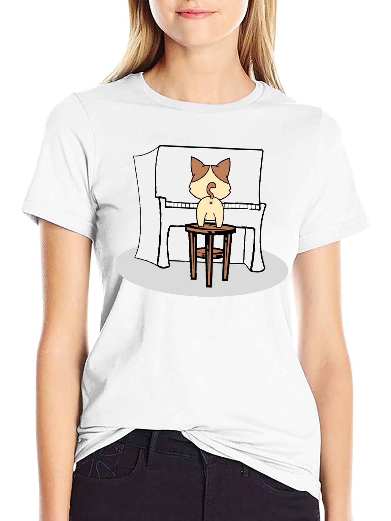 Cat Piano Player Black T-Shirt