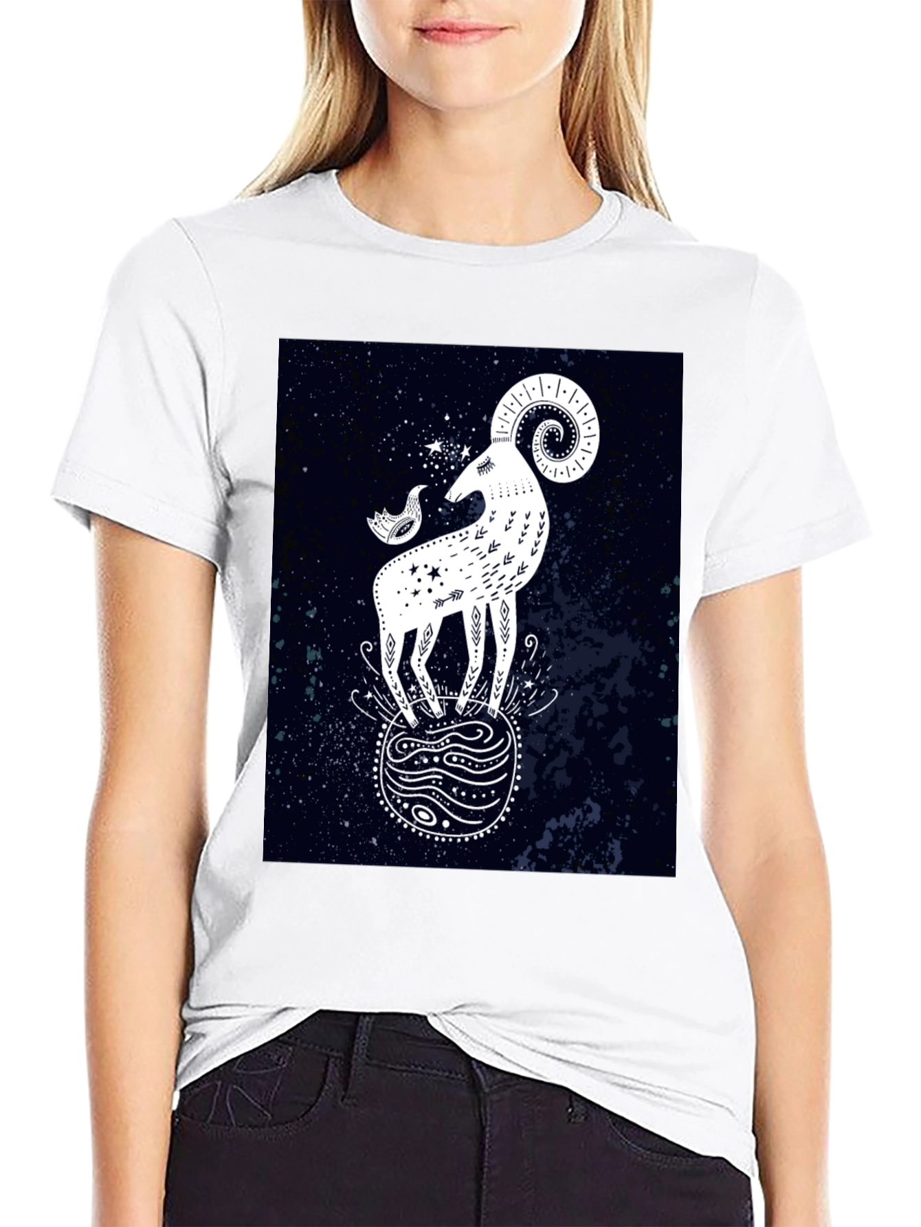 Celestial Ram Graphic Tee - Stylish Black Cotton T-Shirt
