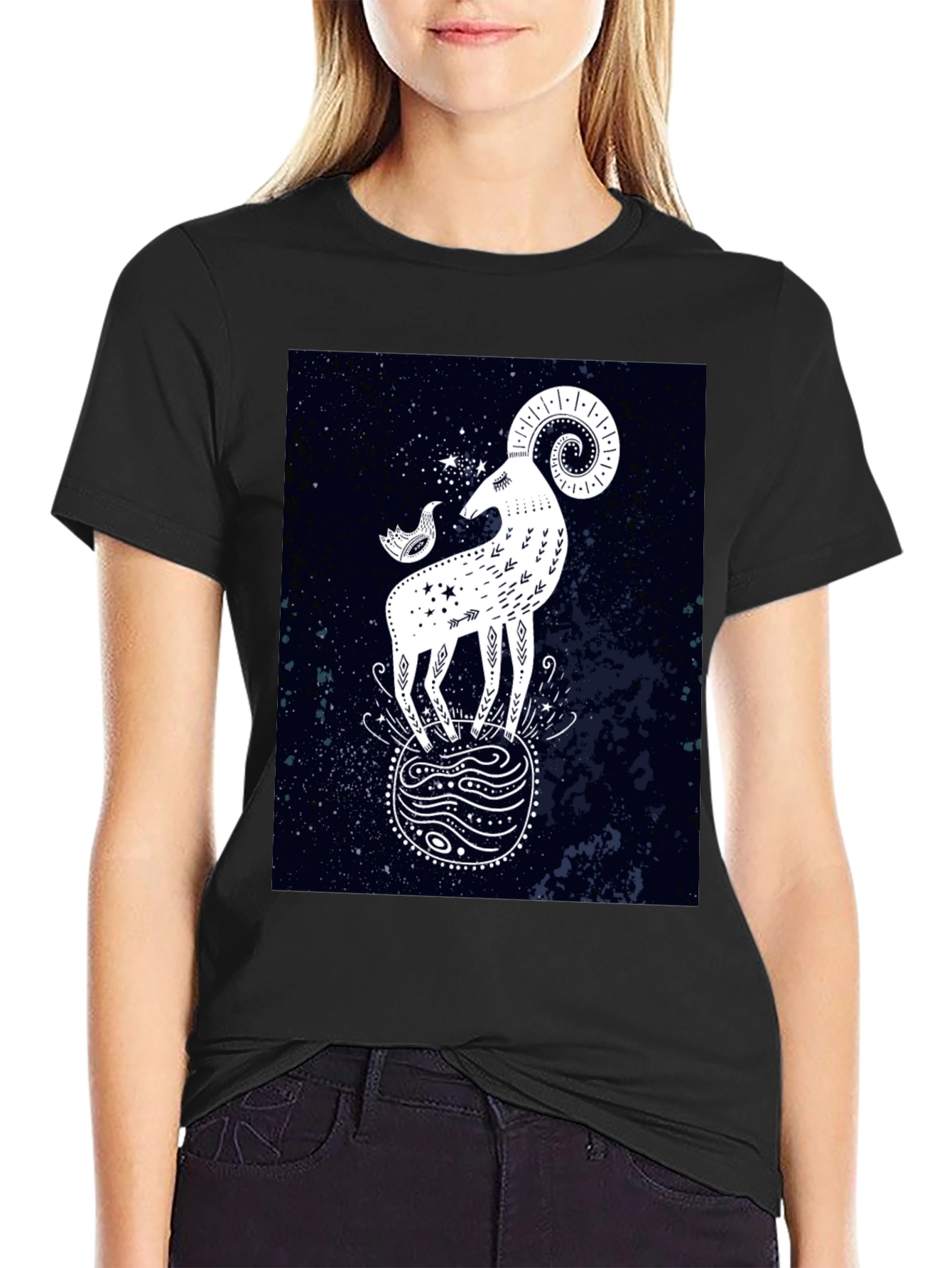 Celestial Ram Graphic Tee - Stylish Black Cotton T-Shirt