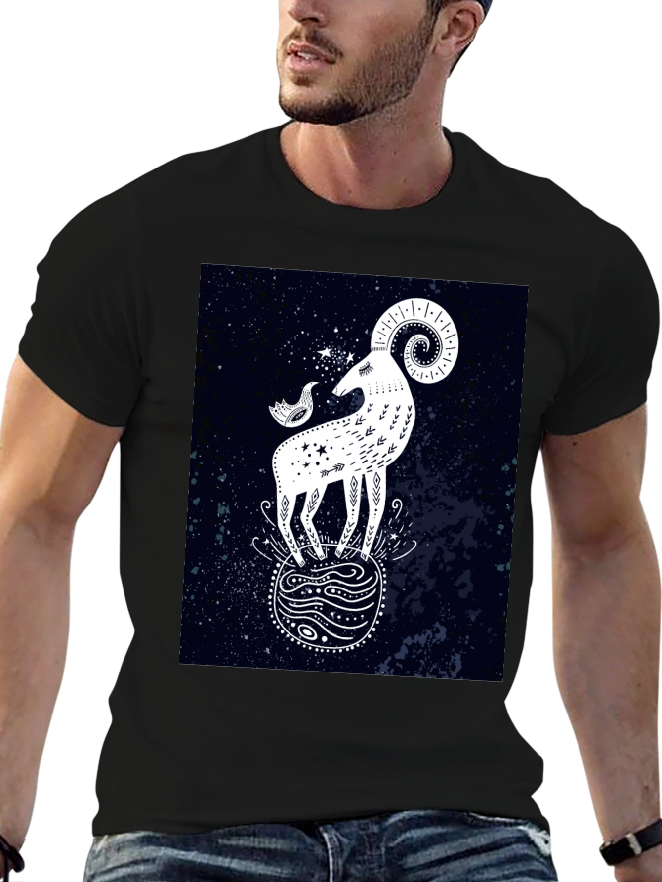 Celestial Ram Graphic Tee - Stylish Black Cotton T-Shirt