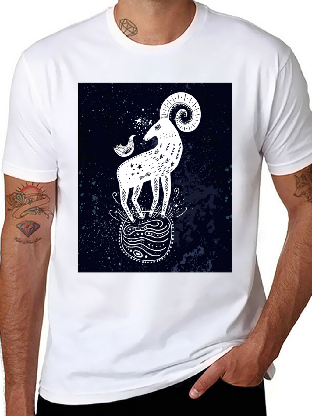 Celestial Ram Graphic Tee - Stylish Black Cotton T-Shirt