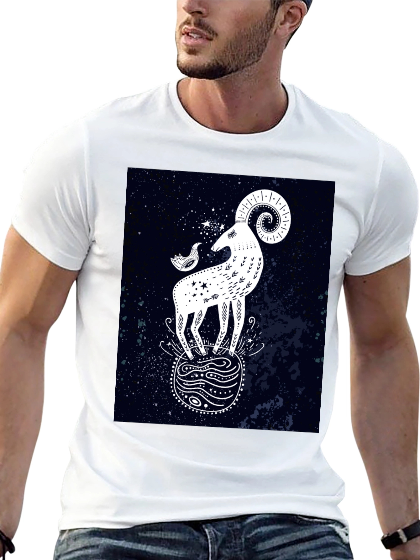 Celestial Ram Graphic Tee - Stylish Black Cotton T-Shirt