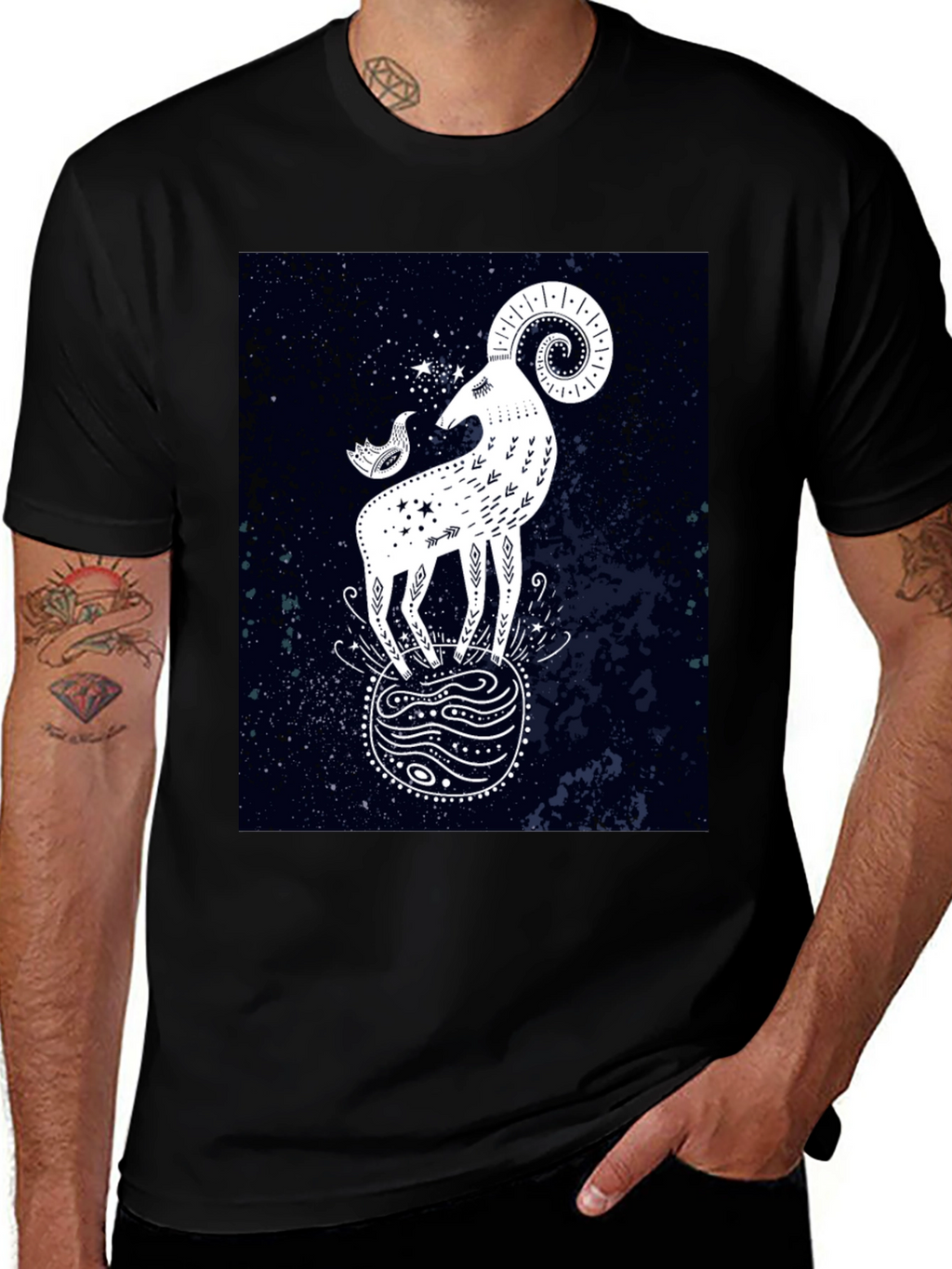 Celestial Ram Graphic Tee - Stylish Black Cotton T-Shirt
