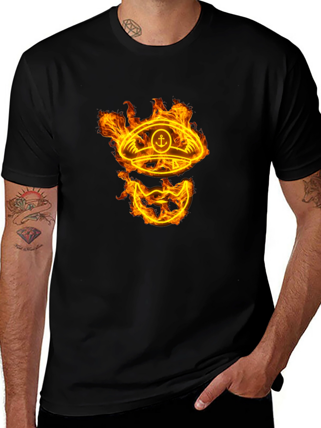 Flaming Captain Hat Graphic T-Shirt - Unique Design