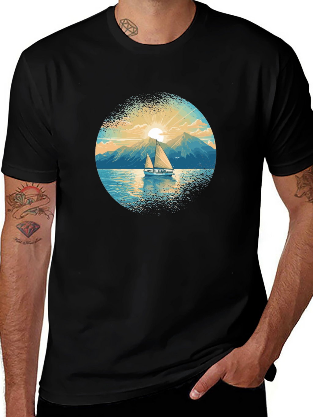 Sailboat Graphic Tee - Black Cotton Shirt