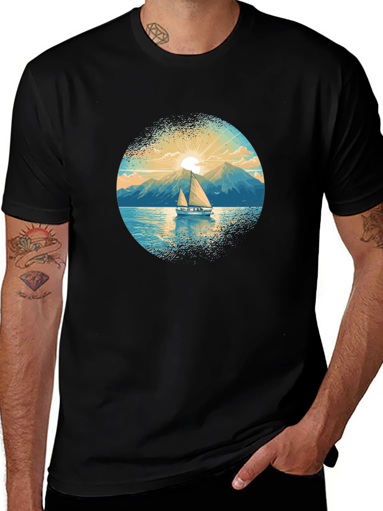 Sailboat Graphic Tee - Black Cotton Shirt