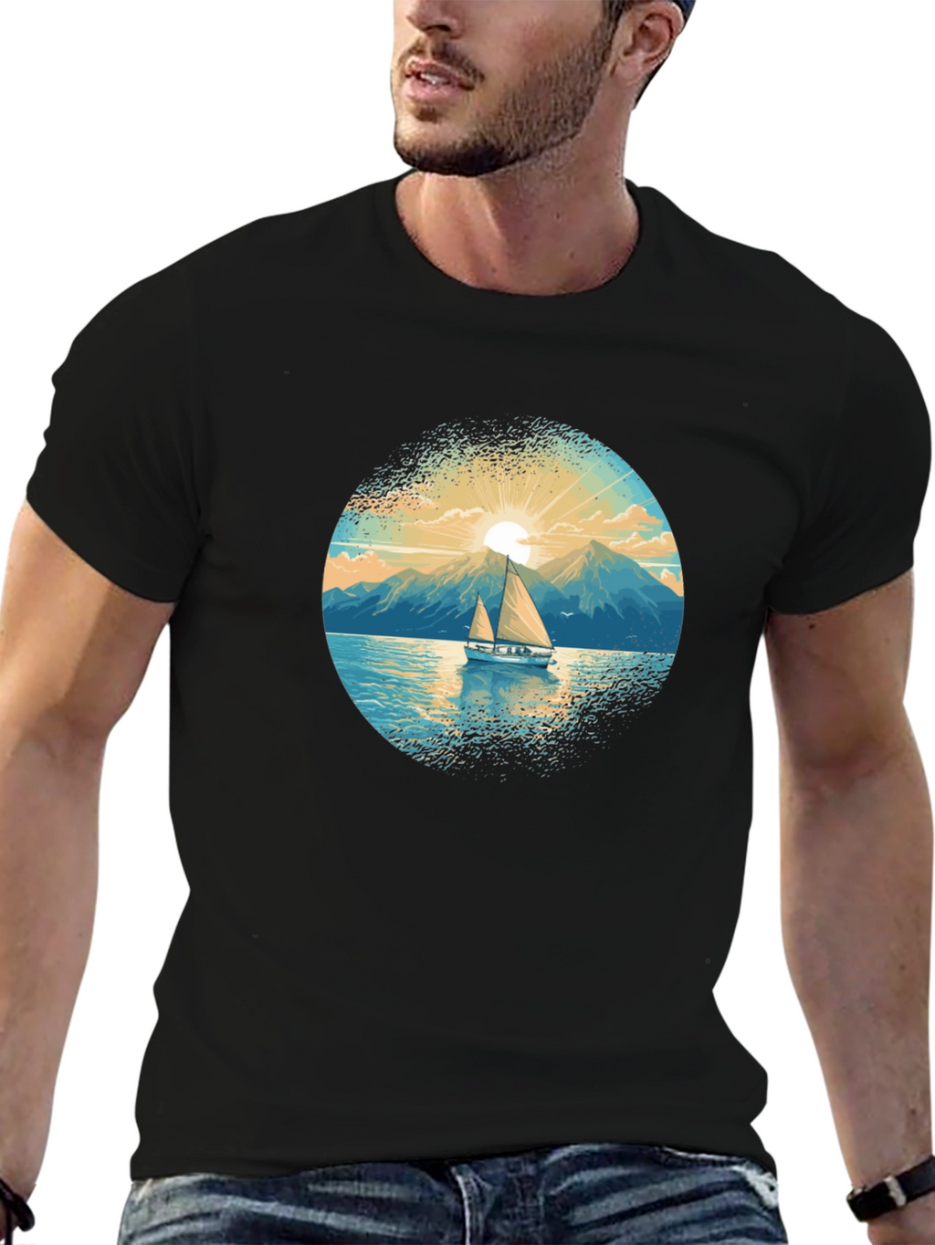 Sailboat Graphic Tee - Black Cotton Shirt