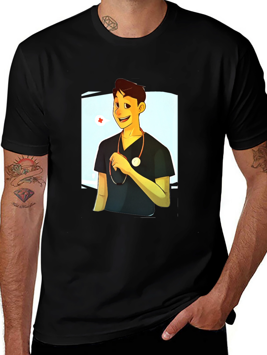 Cartoon Doctor Graphic Black T-Shirt